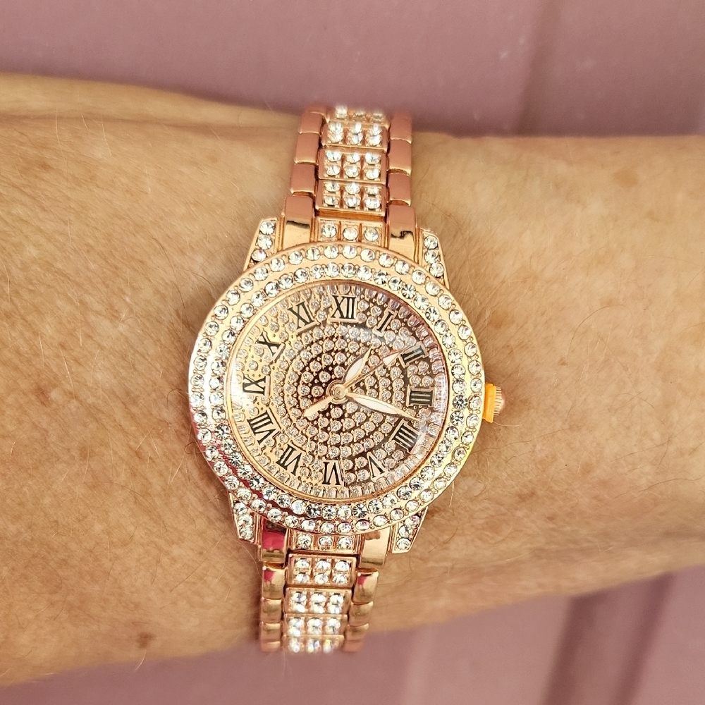 Gold Embellished Watch with Crystal Band and Large Dial